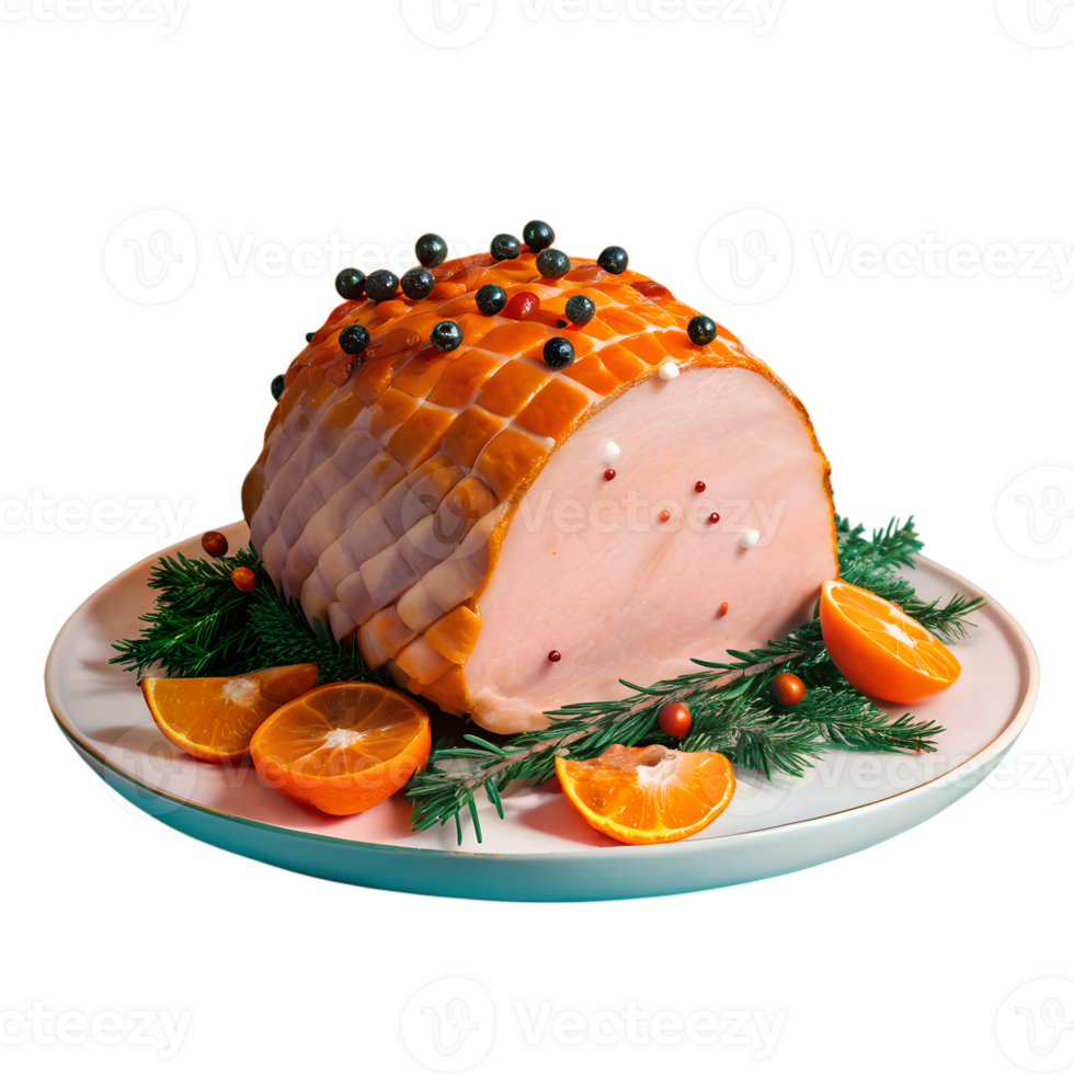 Deliciously cooked ham with a decorative glaze, garnished with fresh orange slices and sprigs on a white platter. png