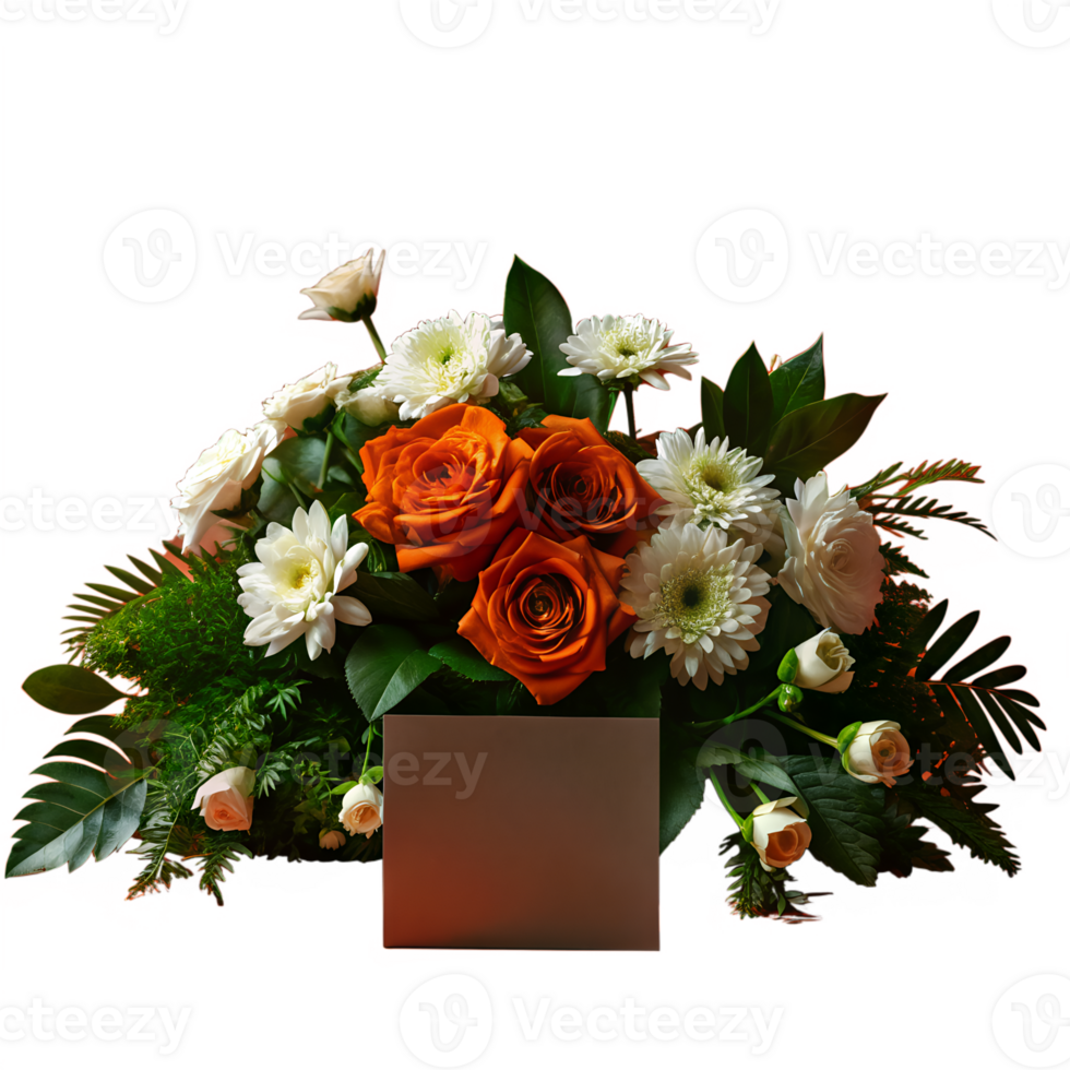 Vibrant floral arrangement with white daisies and orange roses in an elegant gray box, perfect for celebrations and gifting. png