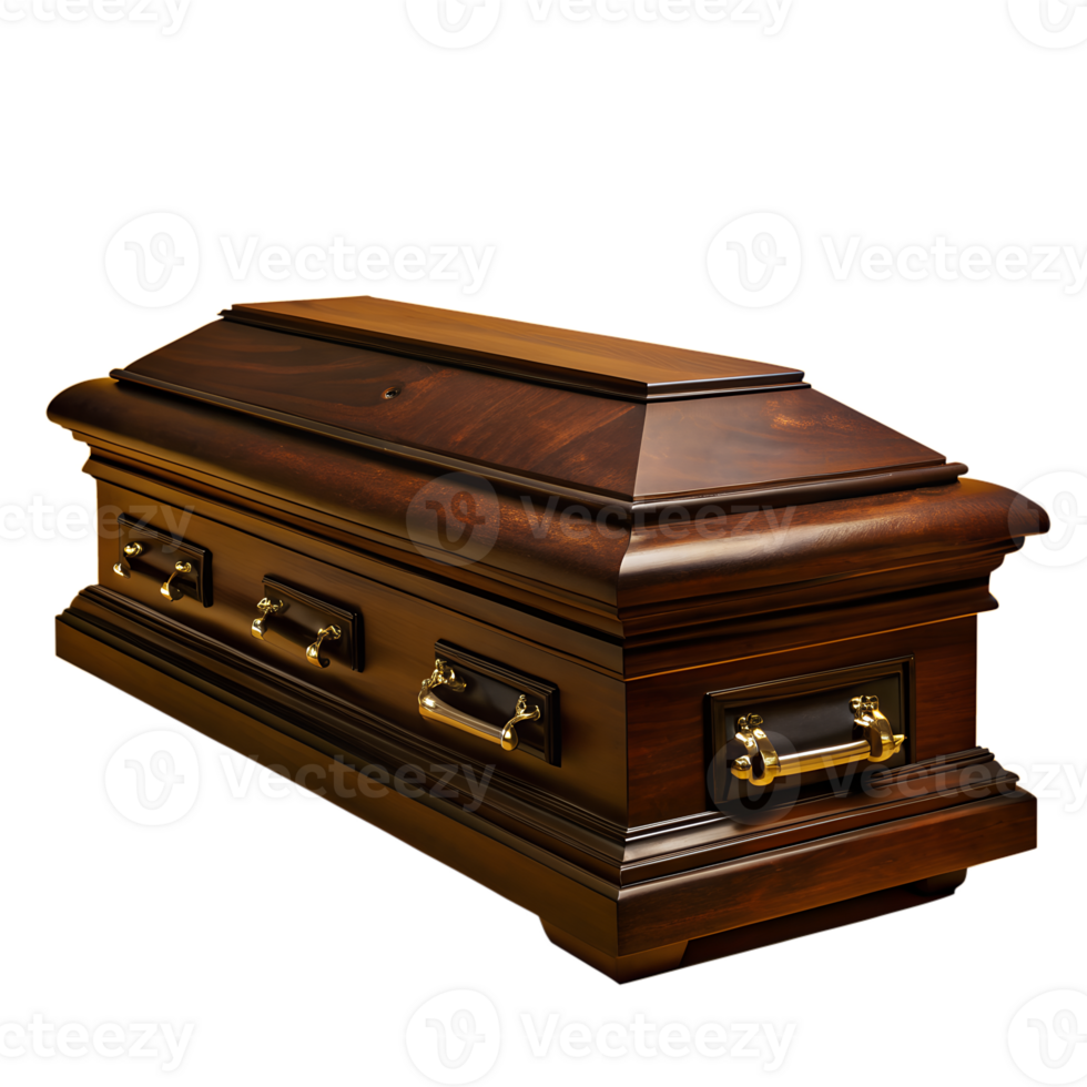 Elegant wooden casket with brass handles, symbolizing dignity and respect in a solemn funeral setting. png