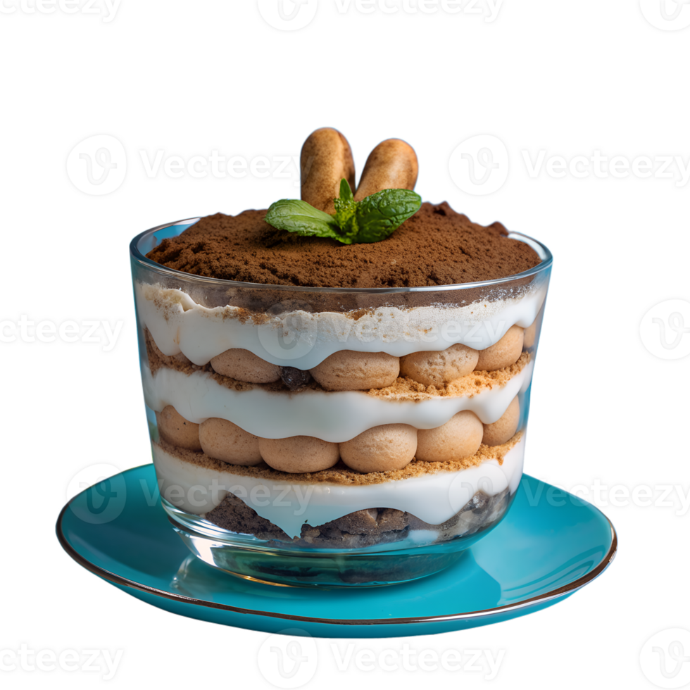Delicious tiramisu dessert layered with mascarpone cheese and ladyfingers in a glass cup, garnished with mint. Perfect for culinary presentations. png
