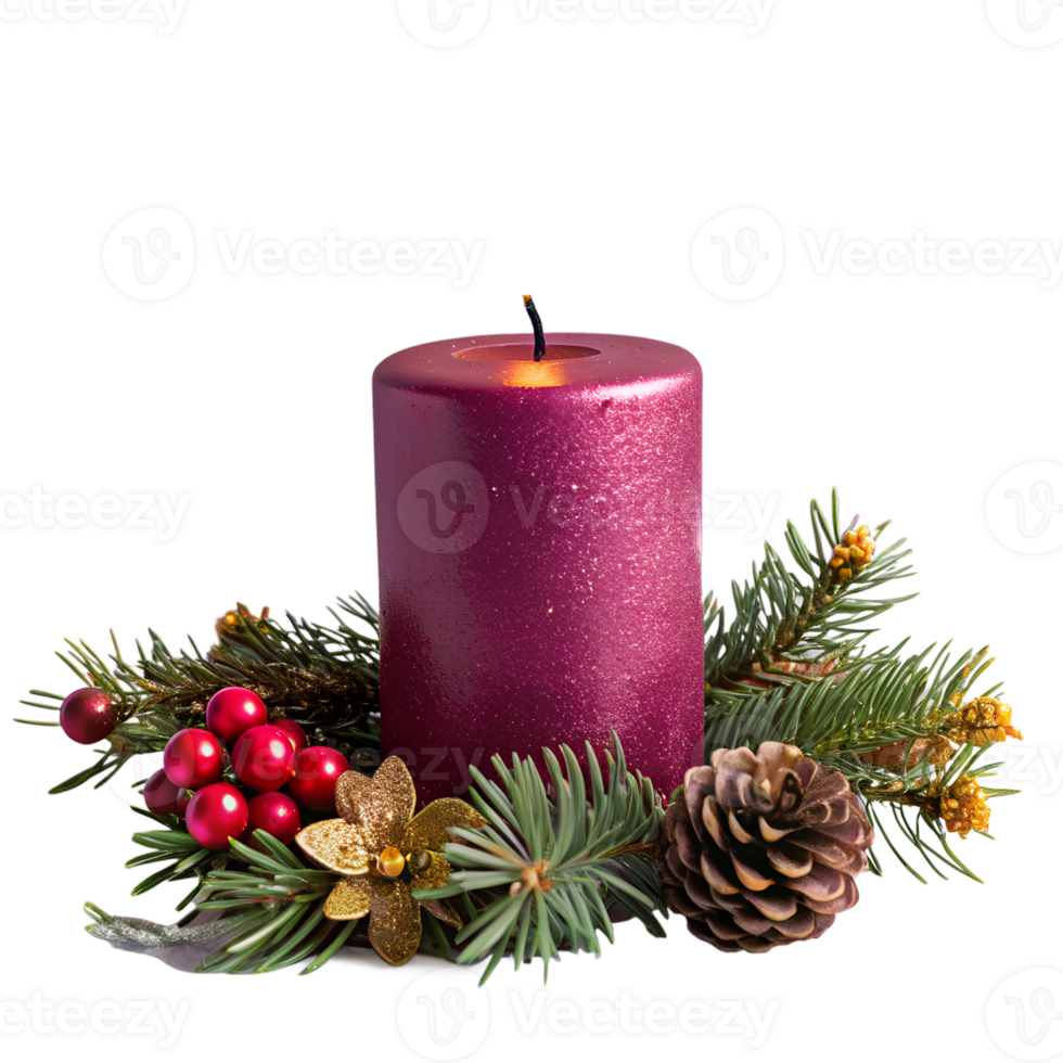 Vibrant purple candle with green pine foliage, red berries, and pine cones, creating a festive holiday decoration on a white background. png