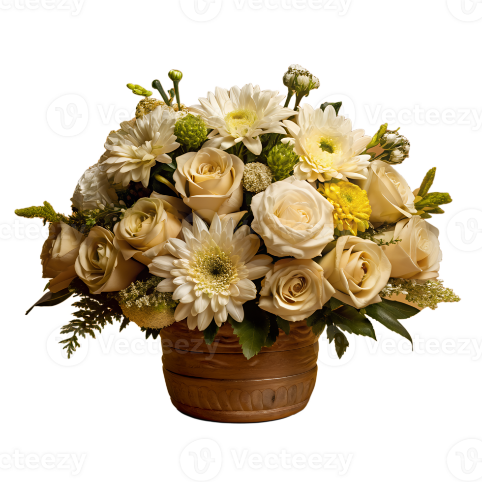 Elegant arrangement of white and cream flowers in a brown pot, featuring roses, daisies, and mums, perfect for home decor and special occasions. png
