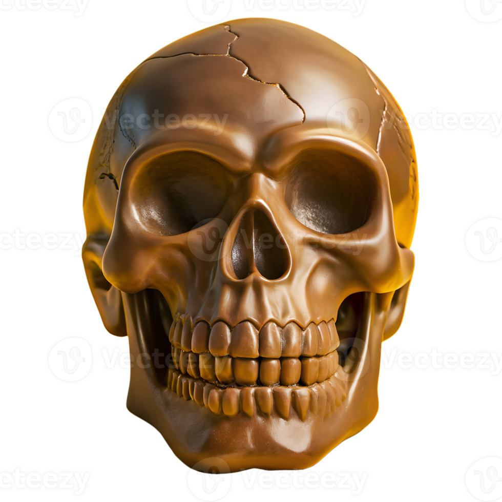 Realistic close-up of a cracked brown skull isolated on white background. Perfect for themes of danger, horror, and Halloween. png