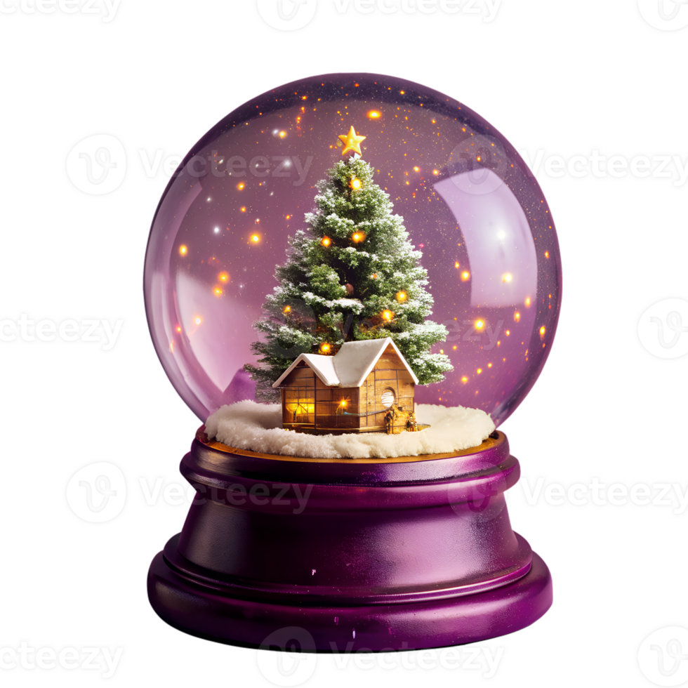 Magical Christmas snow globe with a lit house and decorated tree inside, set against a dark background, creating a festive winter scene. png