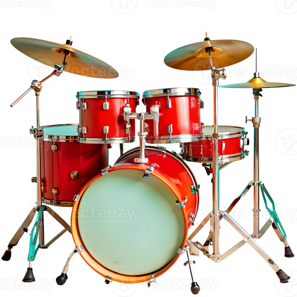Red drum set with cymbals and stands, isolated on a white background. Ideal for music and musical instruments themed projects. png