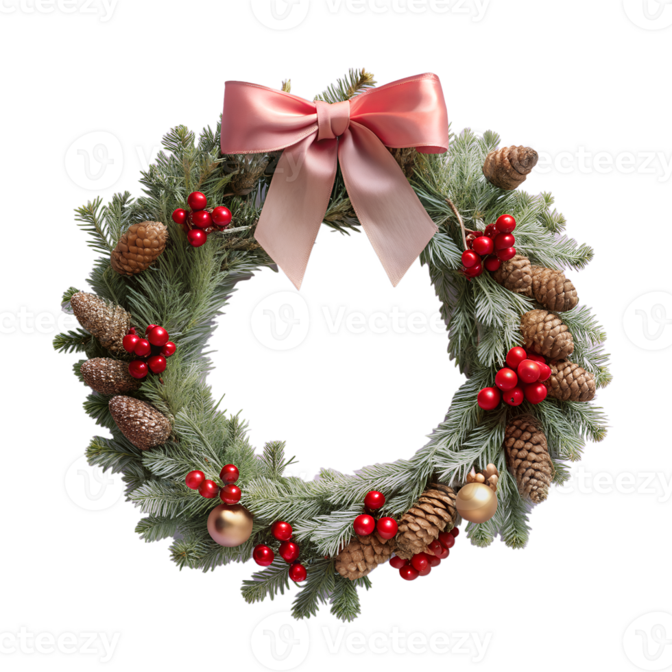 Festive Christmas wreath with pine cones, red berries, and gold baubles, adorned with an elegant pink bow for holiday decoration. png