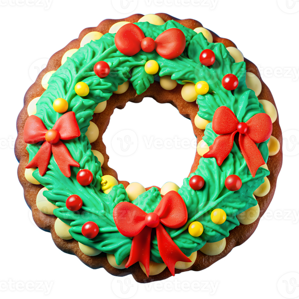 festivo Navidad guirnalda Galleta con vistoso Formación de hielo decoraciones, presentando rojo arcos y verde frondoso diseños, Perfecto para fiesta celebraciones png
