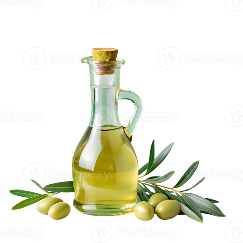 Glass bottle of olive oil with fresh olives and leaves, isolated on white background, perfect for culinary and health blogs. png