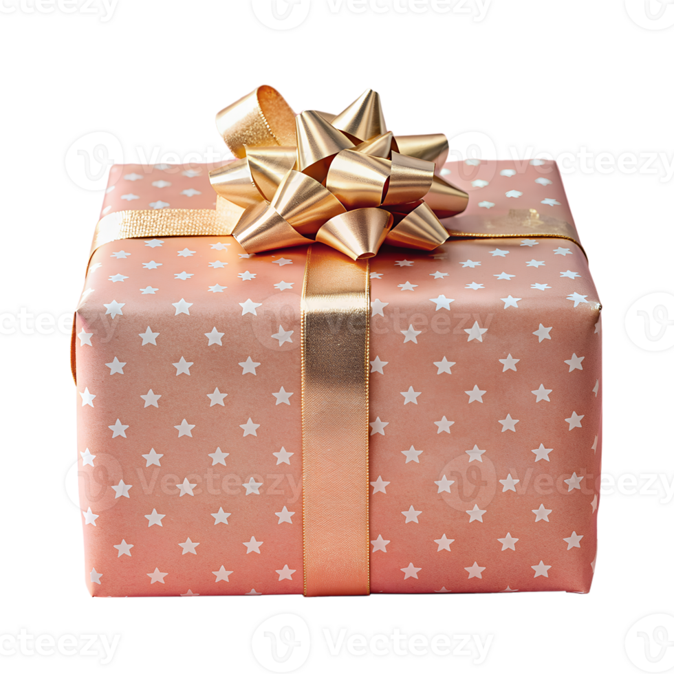 Elegant wrapped gift with gold bow and star-patterned paper, perfect for celebrations, birthdays, and special occasions. png