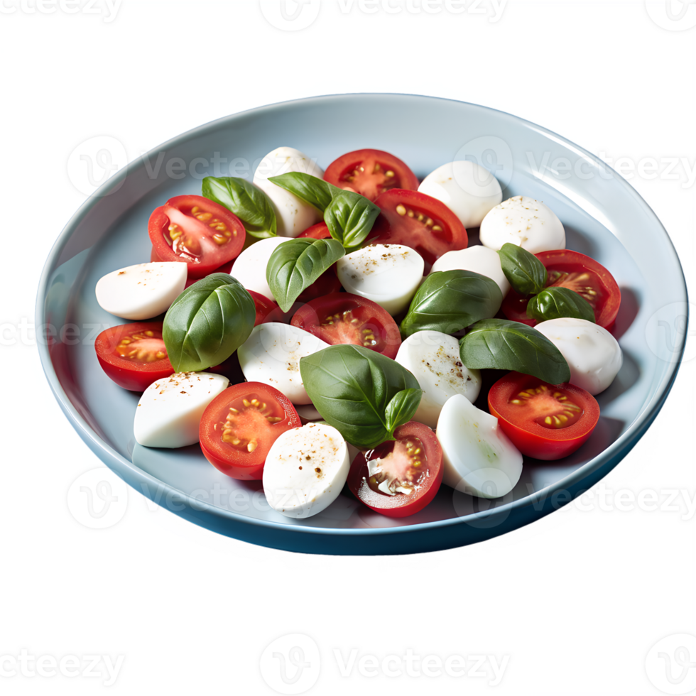 Fresh Caprese salad with mozzarella, cherry tomatoes, and basil leaves on a blue plate, ready to serve as a delicious appetizer. png