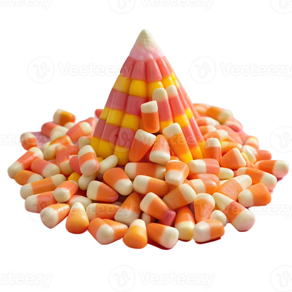 Pile of colorful candy corn arranged in a festive cone shape, isolated on white background, perfect for Halloween and autumn celebrations. png
