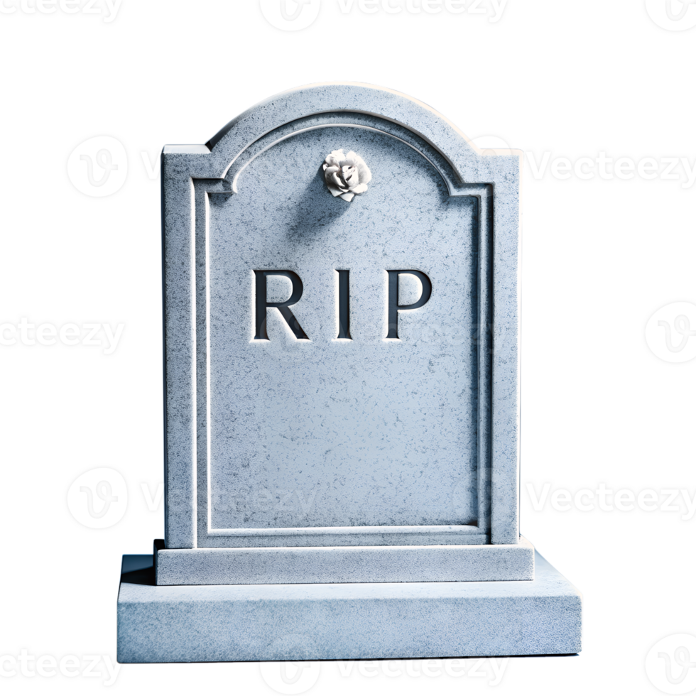 Grave headstone with 'RIP' inscription, standing on a concrete base against a white background, symbolizing rest and remembrance. png