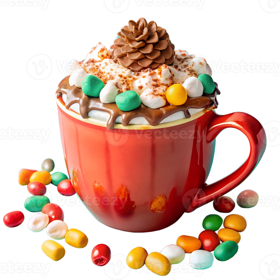 Festive hot chocolate topped with marshmallows, colorful candy, and a decorative pine cone in a vibrant red mug. png