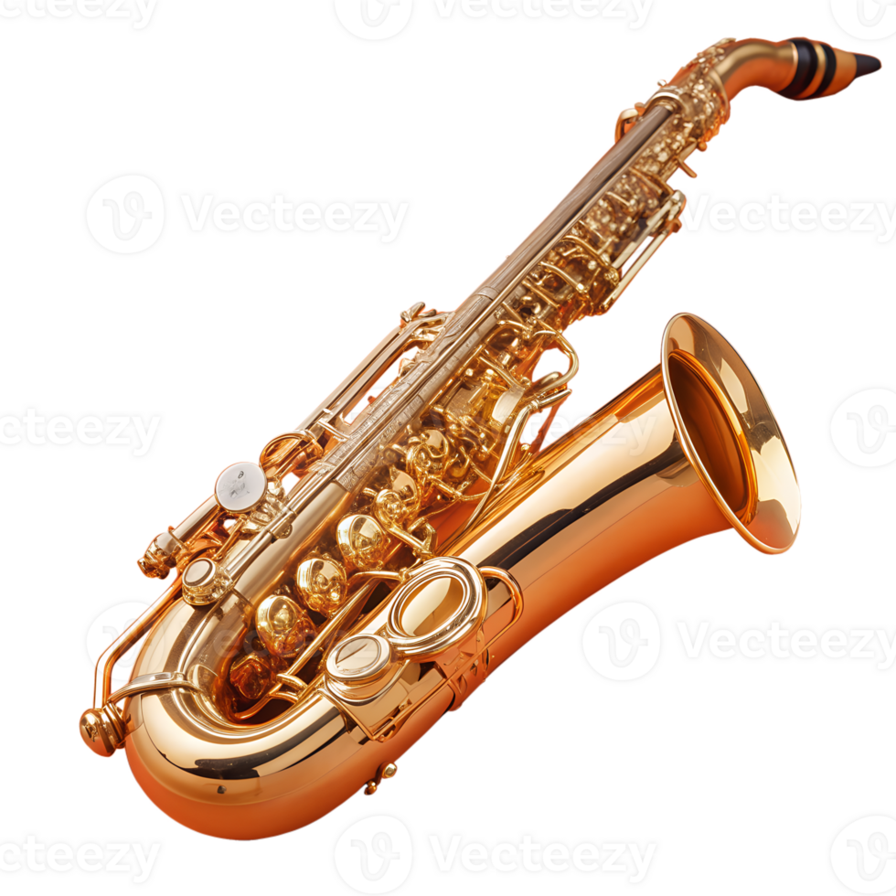 Golden saxophone isolated on white background. High-quality stock photo of a brass musical instrument for jazz and classical music. png