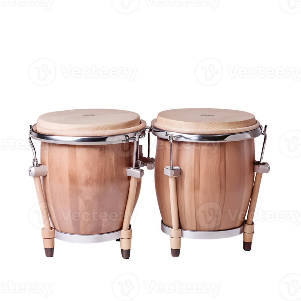 Pair of wooden bongo drums with metal accents, perfect for creating rhythmic percussion in music and adding a touch of culture to your space. png