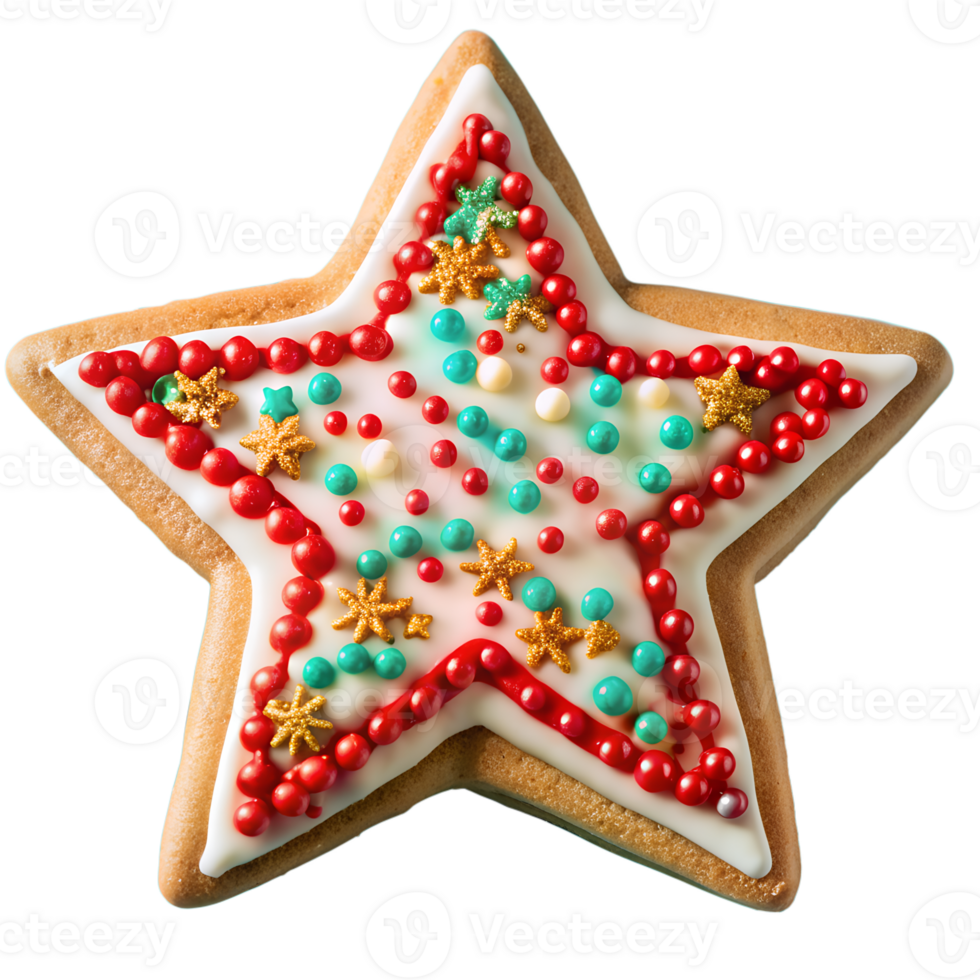 Festive star-shaped Christmas cookie decorated with colorful icing and sprinkles, perfect for holiday celebrations and sweet desserts. png