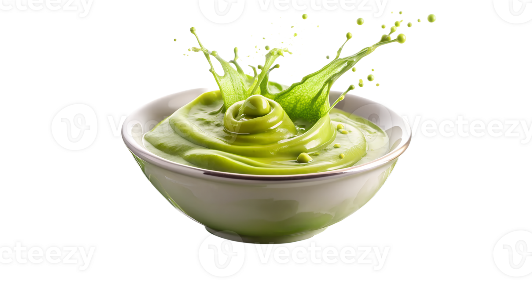 Fresh and creamy green sauce splashing in a white bowl, isolated on a white background, perfect for culinary and food-related concepts. png