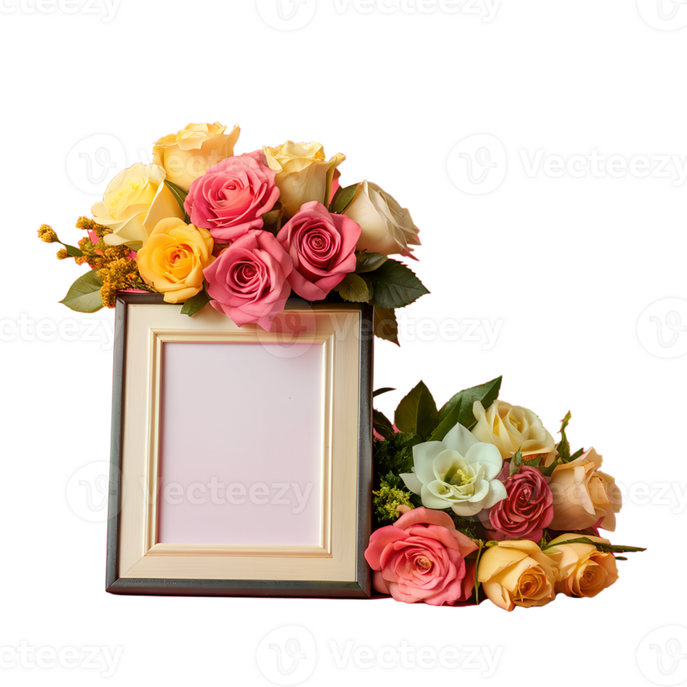 Elegant photo frame adorned with vibrant roses and flowers, perfect for romantic or wedding themes. Beautiful floral arrangement on display. png