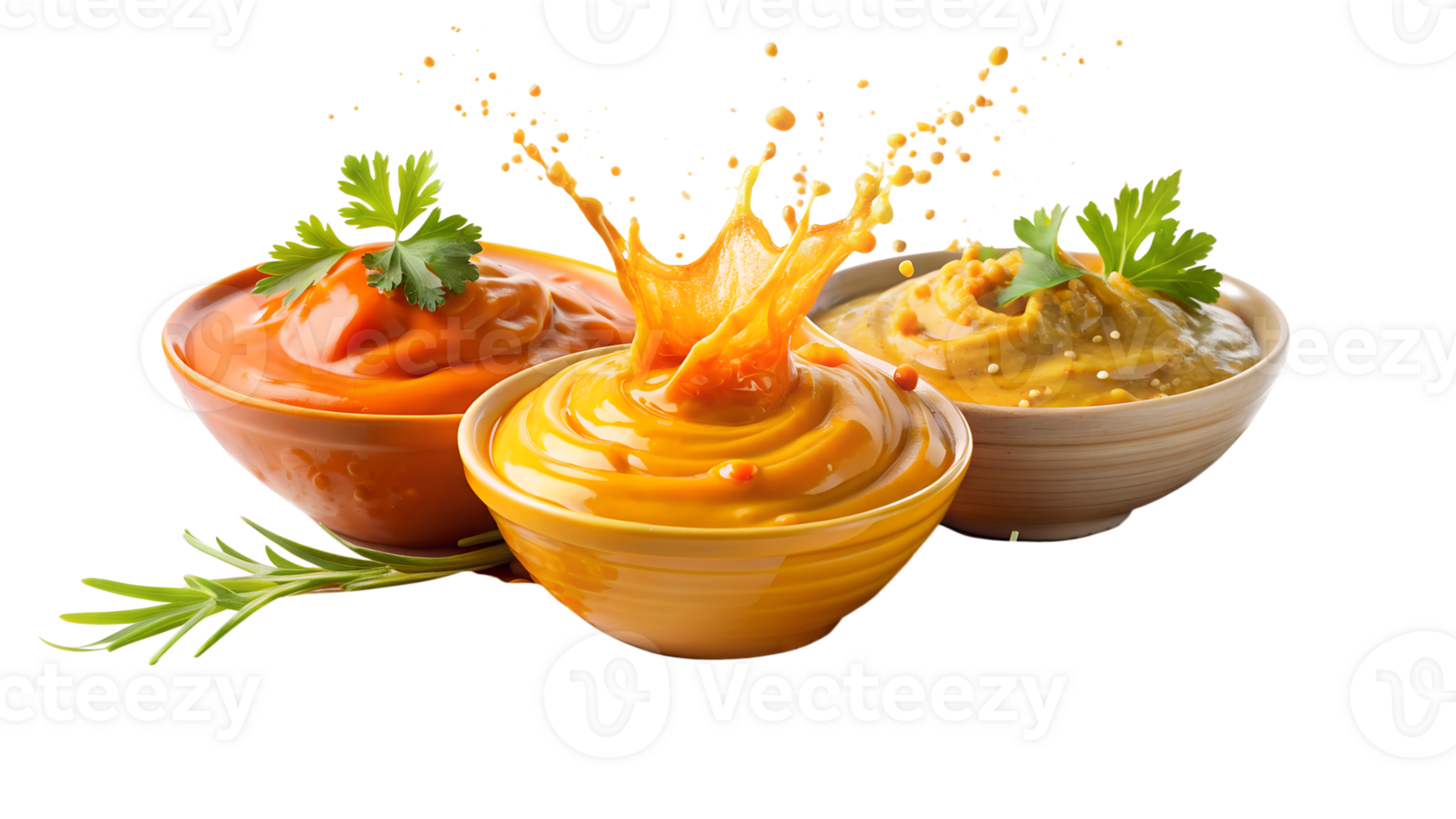 A vibrant image of three bowls with different sauces splashing, garnished with parsley and a touch of rosemary, capturing food in motion. png