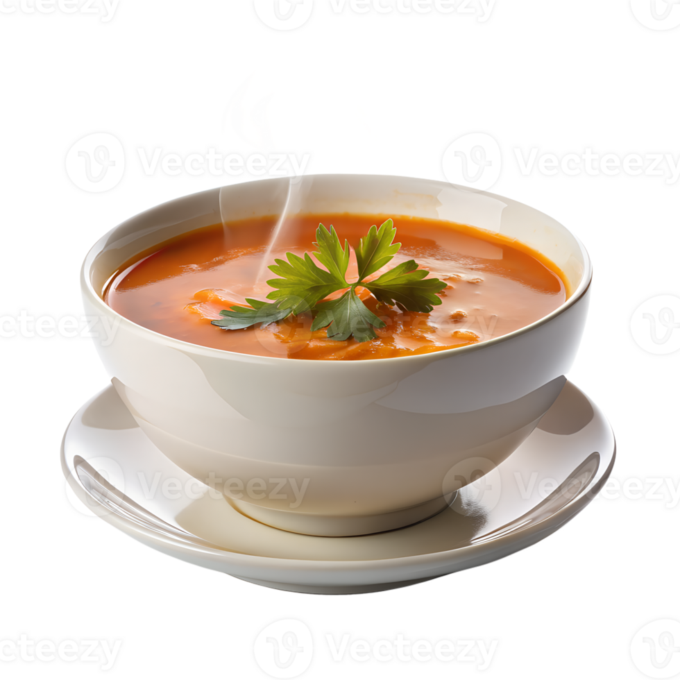 A steaming bowl of tomato soup garnished with fresh parsley, served in a white bowl on a matching saucer. png