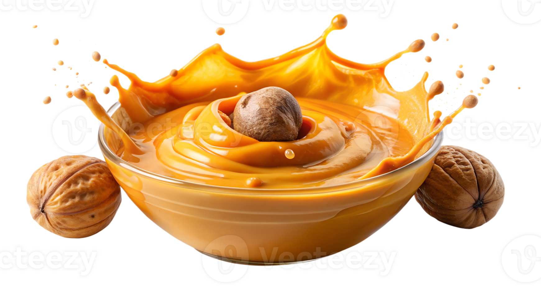Creamy chocolate sauce in a bowl with nuts, creating a splash effect, perfect for dessert and food photography, showcasing gourmet ingredients. png