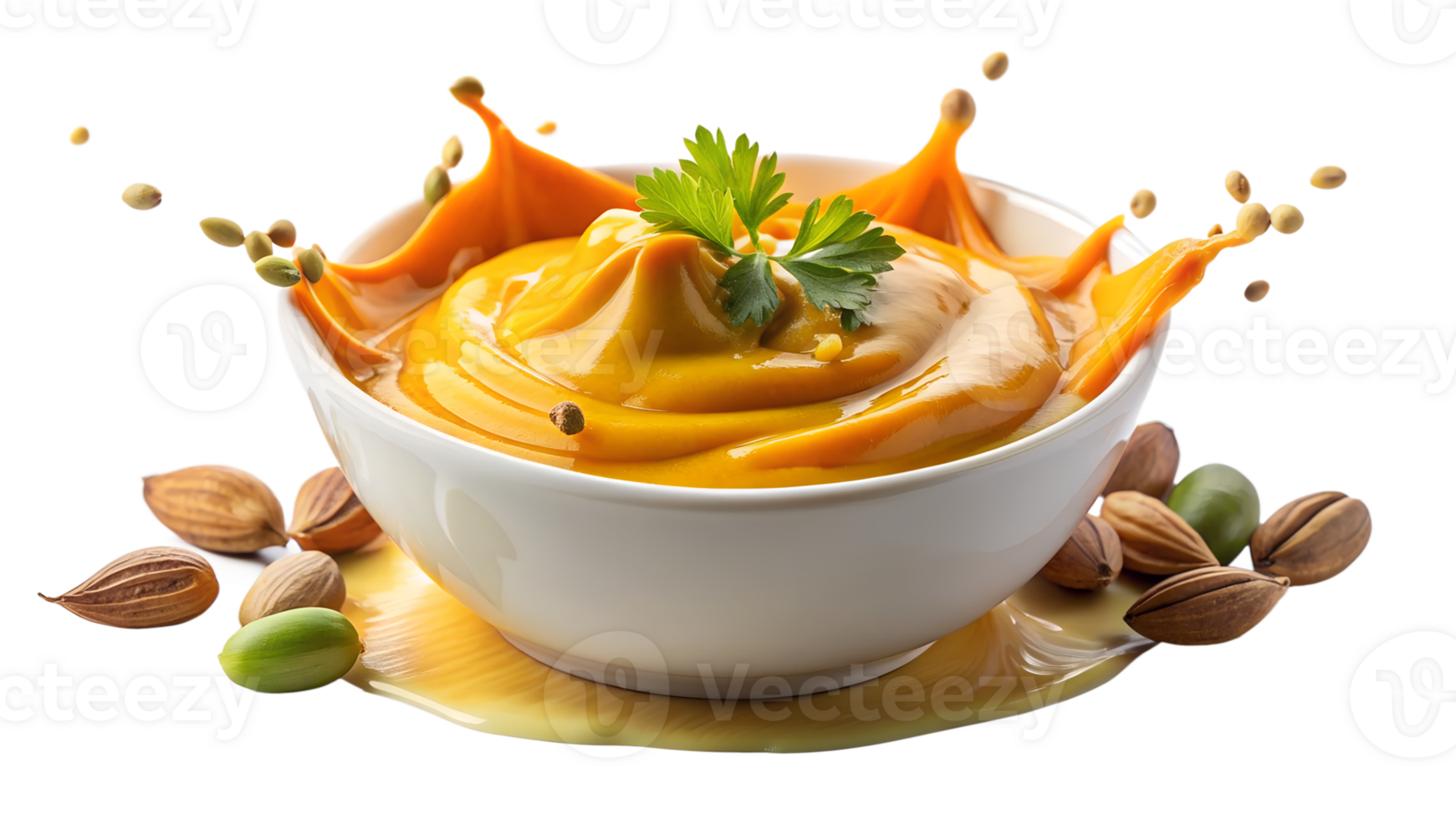 orange sauce in bowl with nuts and herbs png