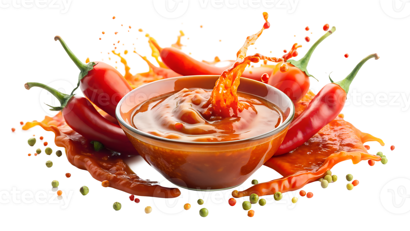 A vibrant splash of hot sauce in a bowl surrounded by fresh red chili peppers, highlighting the flavor and spice of this condiment. png