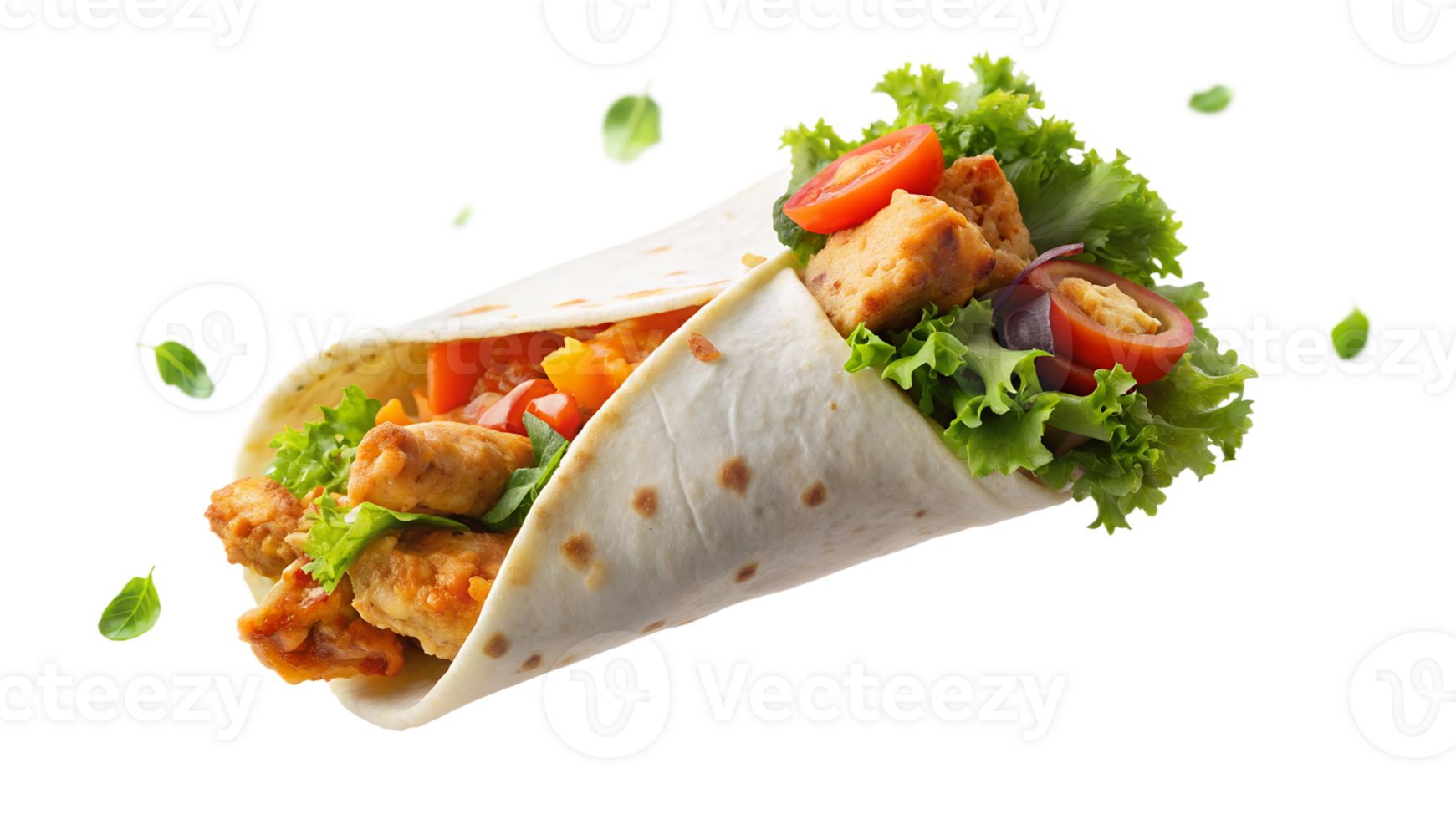 Fresh chicken wrap with vegetables on a white background. Healthy and delicious street food, perfect for lunch or dinner. png