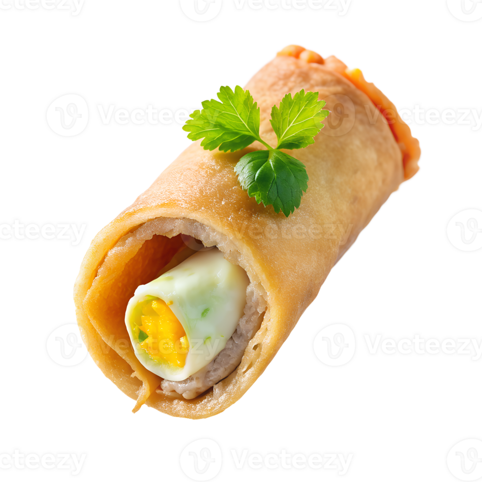 Close-up of rolled crepe with filling, topped with garnish, isolated on white background. Perfect for culinary and food photography. png