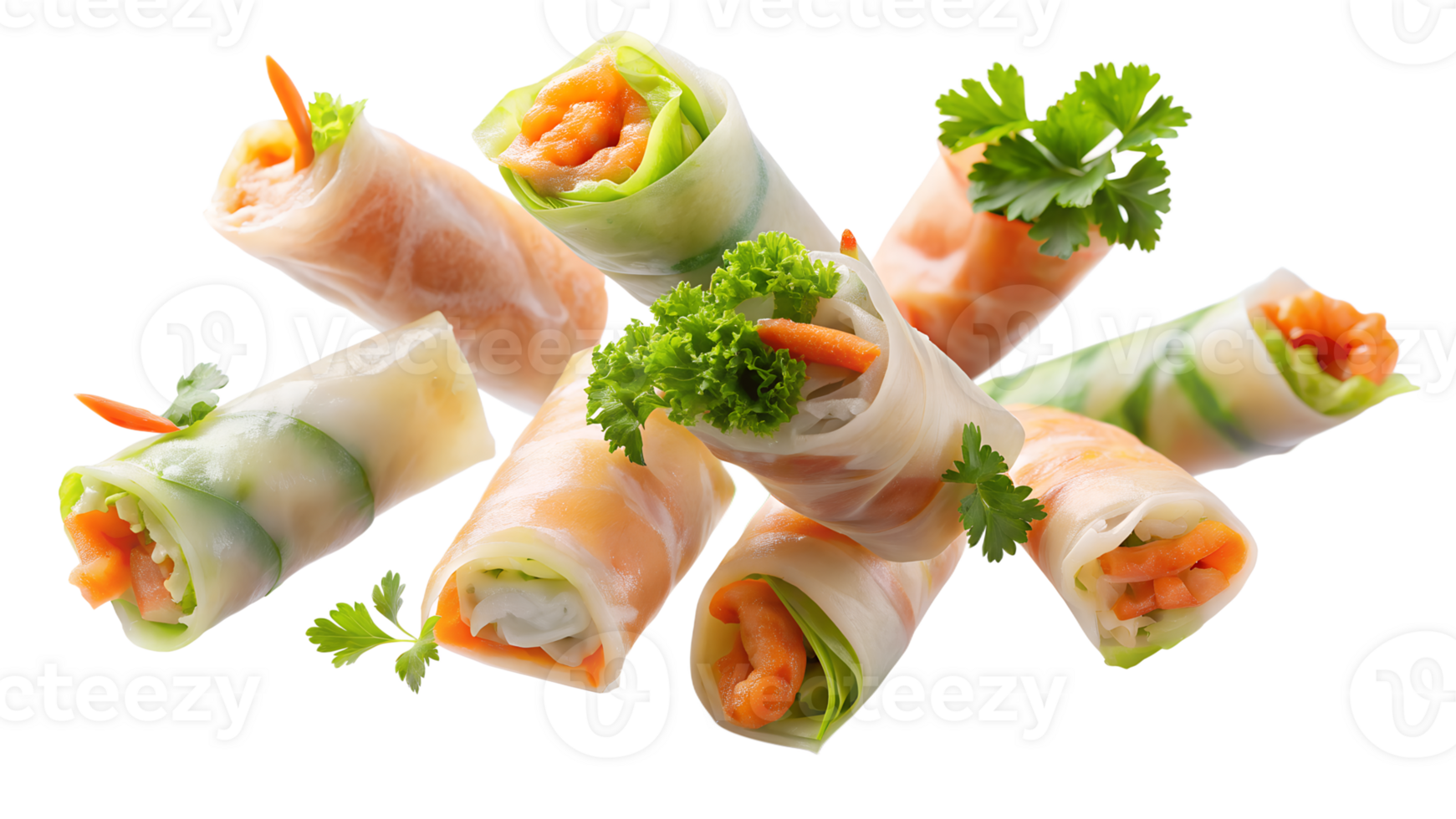 Fresh and vibrant vegetable spring rolls garnished with parsley on a white background, depicting a healthy and delicious appetizer. png