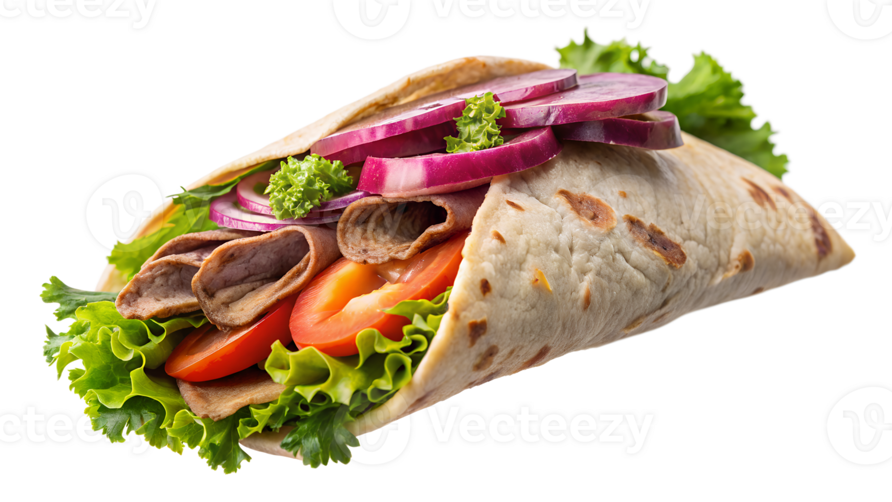A delicious fresh wrap with a variety of vegetables and roast beef, perfect for a healthy meal or snack. png