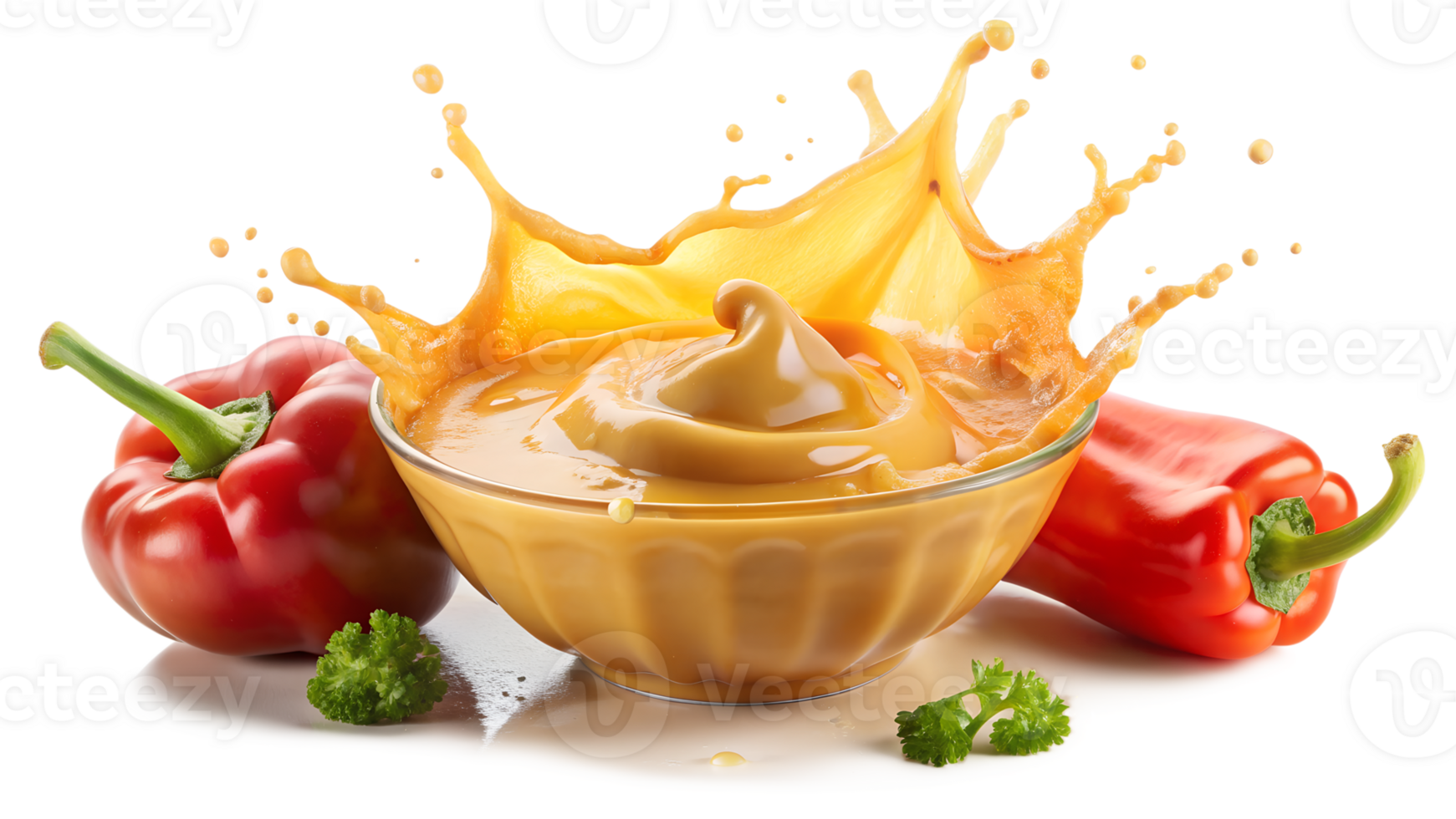 A bowl of mustard splashing with red and orange bell peppers around it, isolated on white background. png