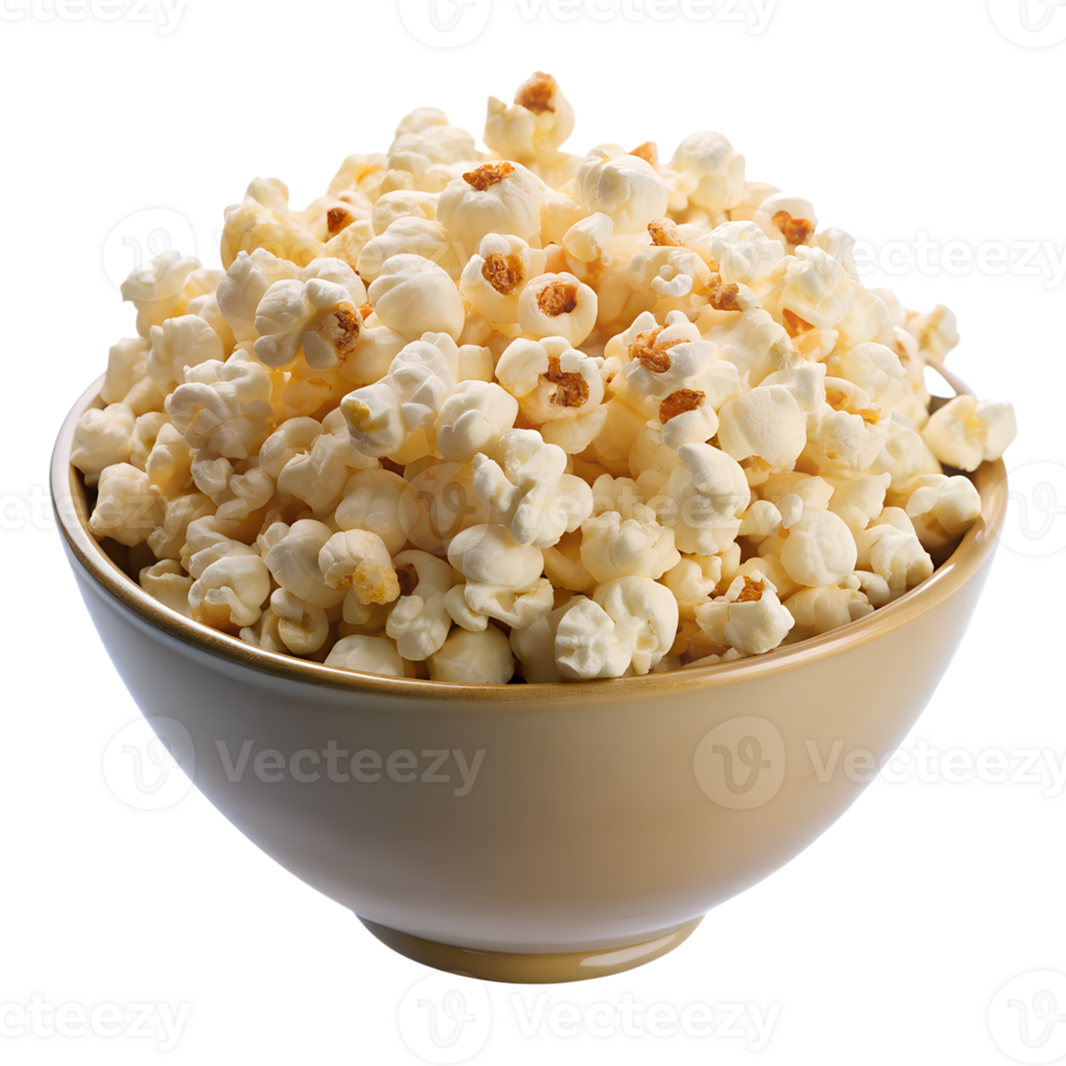A bowl of freshly popped popcorn with a golden hue, perfect for movie nights, parties, and snack time. png