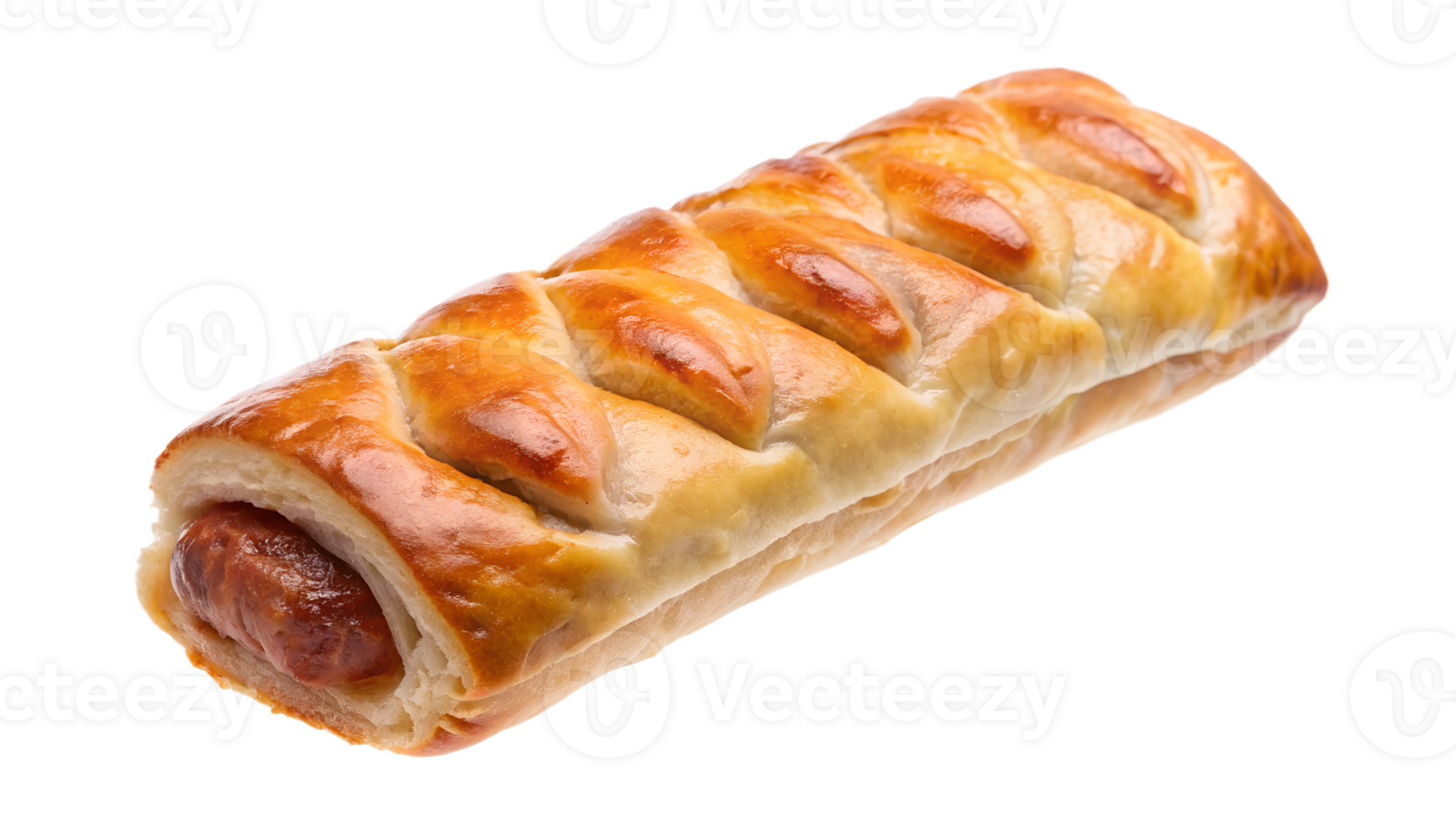 Delicious sausage roll with golden brown pastry, perfect for a quick snack or meal. Isolated on a white background, ready to eat. png