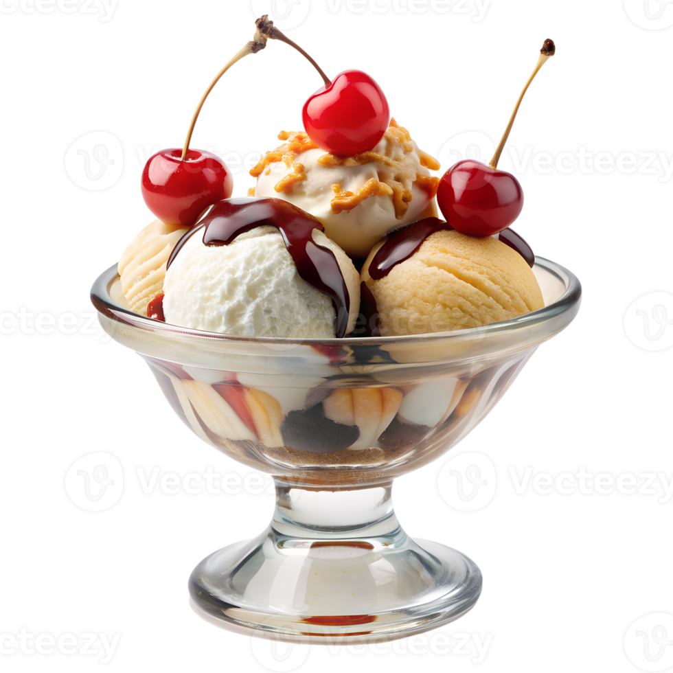 Delicious ice cream sundae topped with cherries, chocolate syrup, and whipped cream in a glass bowl. Perfect for dessert lovers. png
