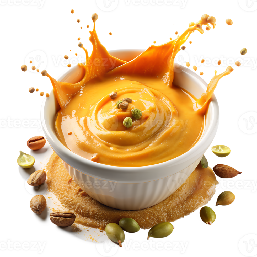 Close-up of a white bowl filled with creamy yellow hummus, garnished with pistachios, surrounded by scattered nuts on a white background. png