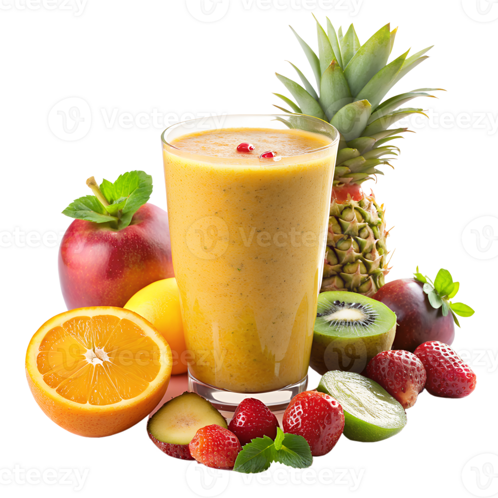 A refreshing smoothie surrounded by a variety of fresh fruits including pineapple, orange, apple, kiwi, and strawberries. png