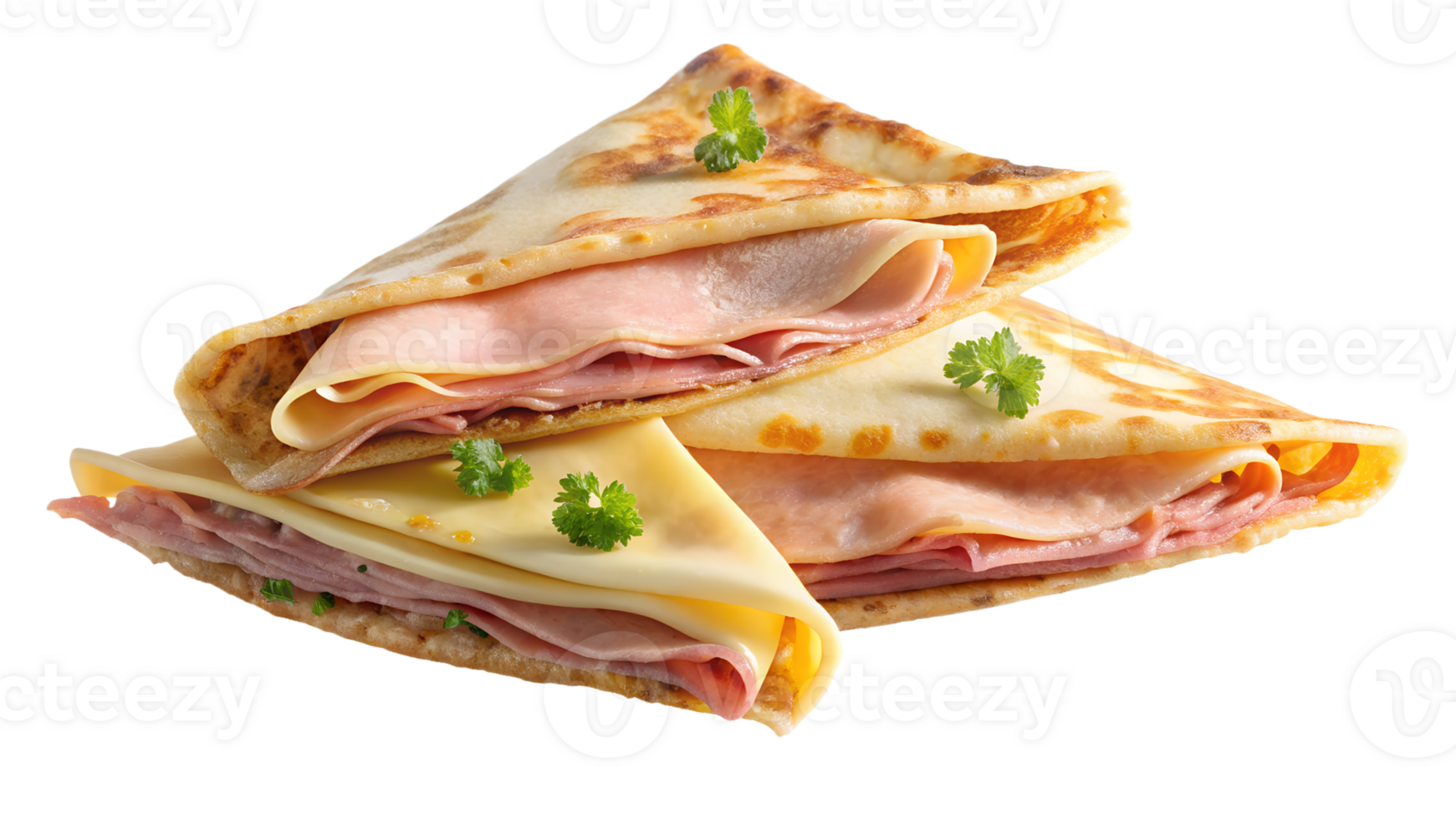Delicious savory crepes stuffed with ham and cheese, garnished with fresh parsley, perfect for a tasty breakfast or light brunch. png