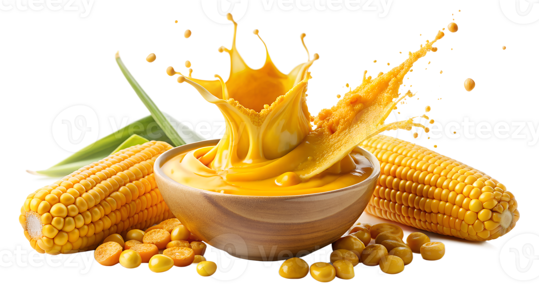 Corn soup splash with fresh cobs, kernels, and green onion in a wooden bowl. Vibrant and tasty food concept, perfect for recipes and cooking. png