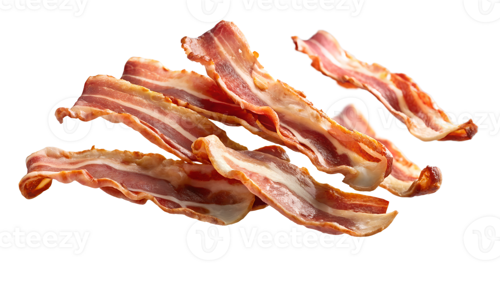 Delicious, crispy strips of cooked bacon arranged on a white background. Perfect for breakfast food and culinary presentations. png