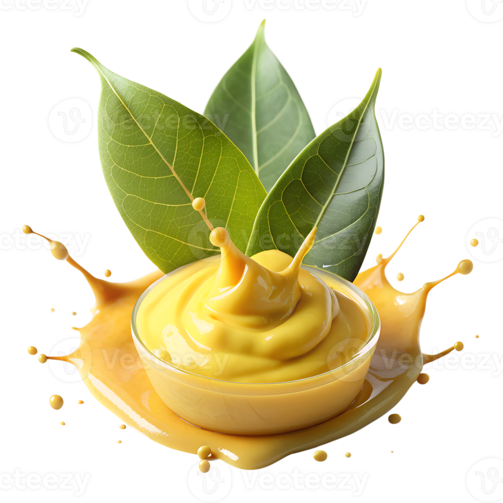 Close-up of creamy yellow sauce in a bowl with green leaves, isolated on white background. Ideal for food, natural product promotion. png