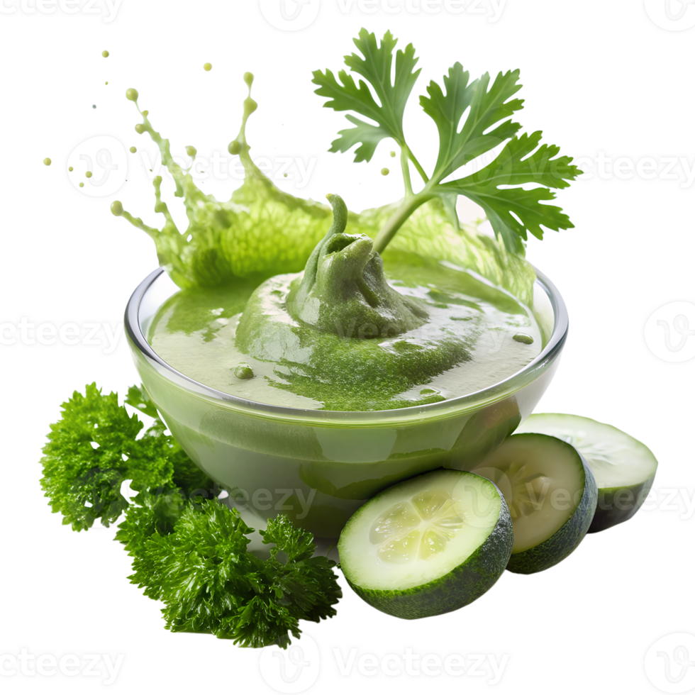 Fresh and healthy green smoothie in a bowl garnished with parsley and cucumber slices, perfect for a nutritious meal. png