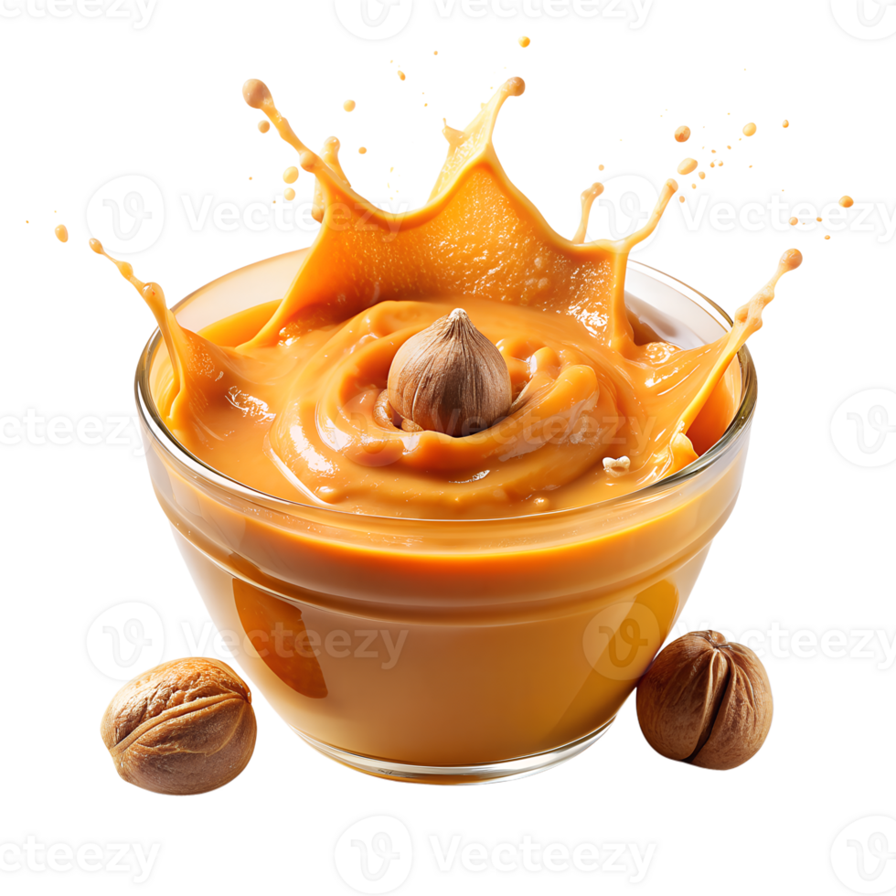 Delicious caramel sauce splash in glass bowl with hazelnut. Perfect for dessert recipes, background, or promotional materials. png