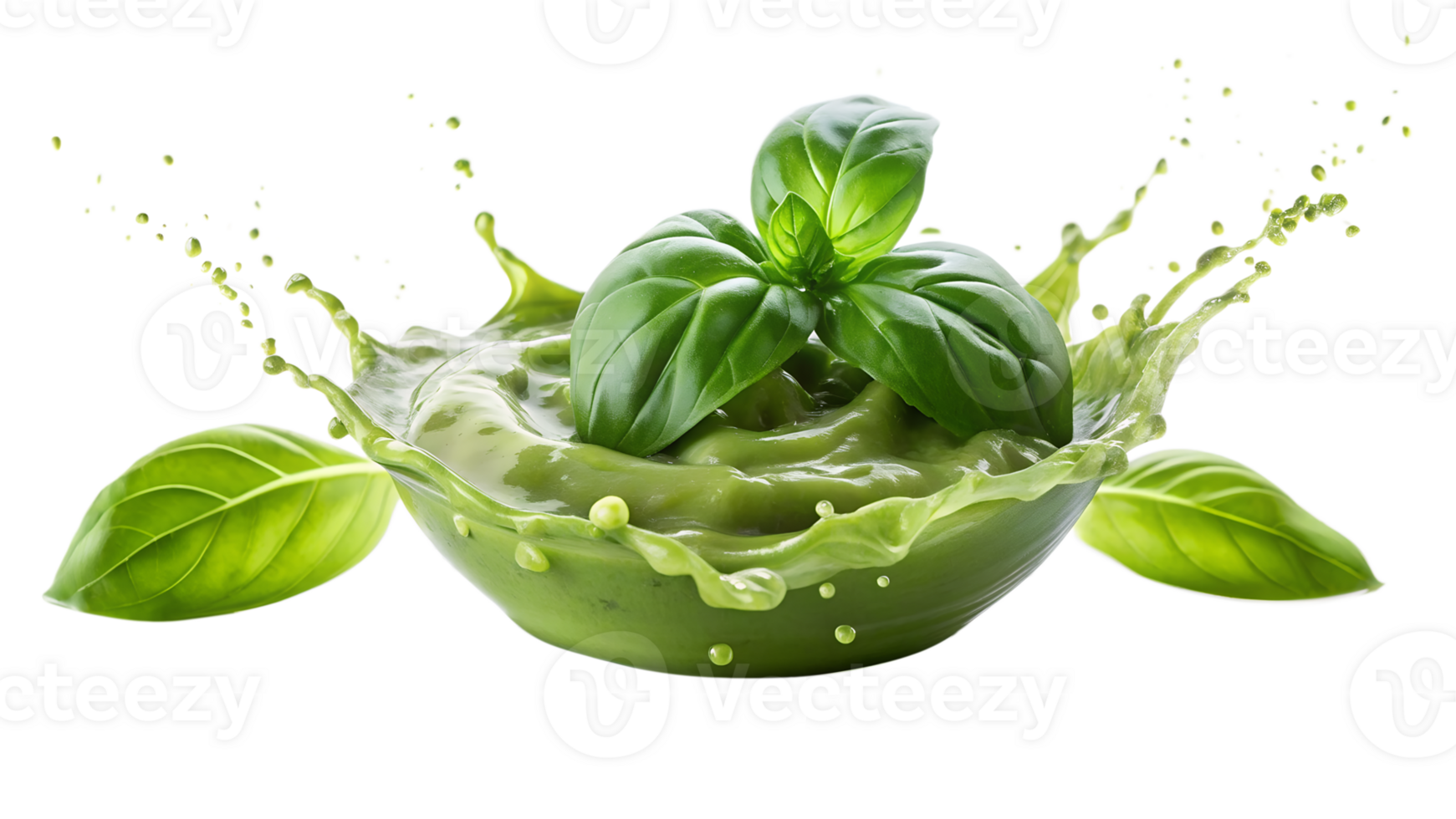 Fresh basil leaves with green sauce splashing in glass bowl, vibrant and appetizing herb presentation, perfect for culinary and food concepts. png