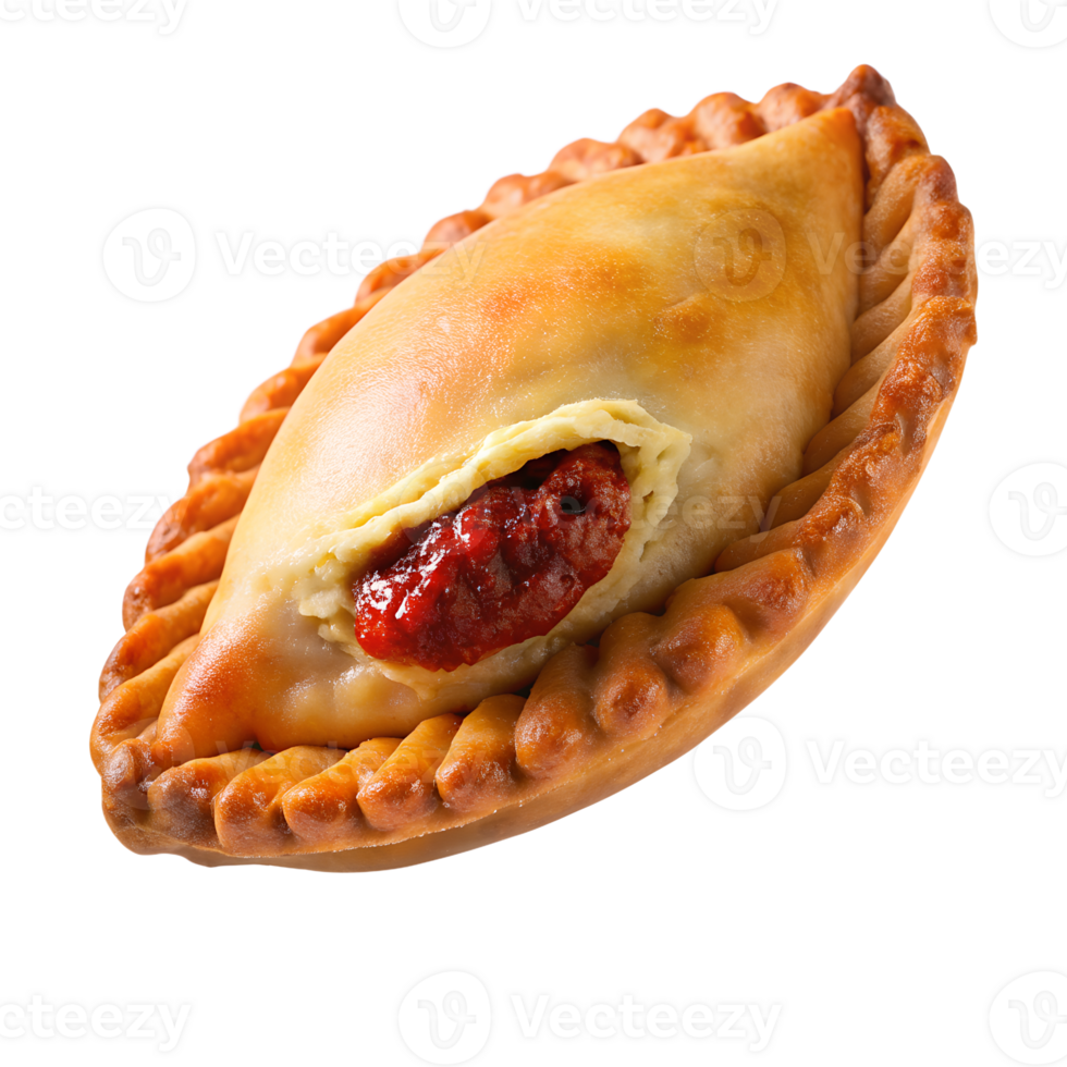Delicious baked empanada with a golden-brown crust and savory meat filling, perfect snack or appetizer for any occasion. png
