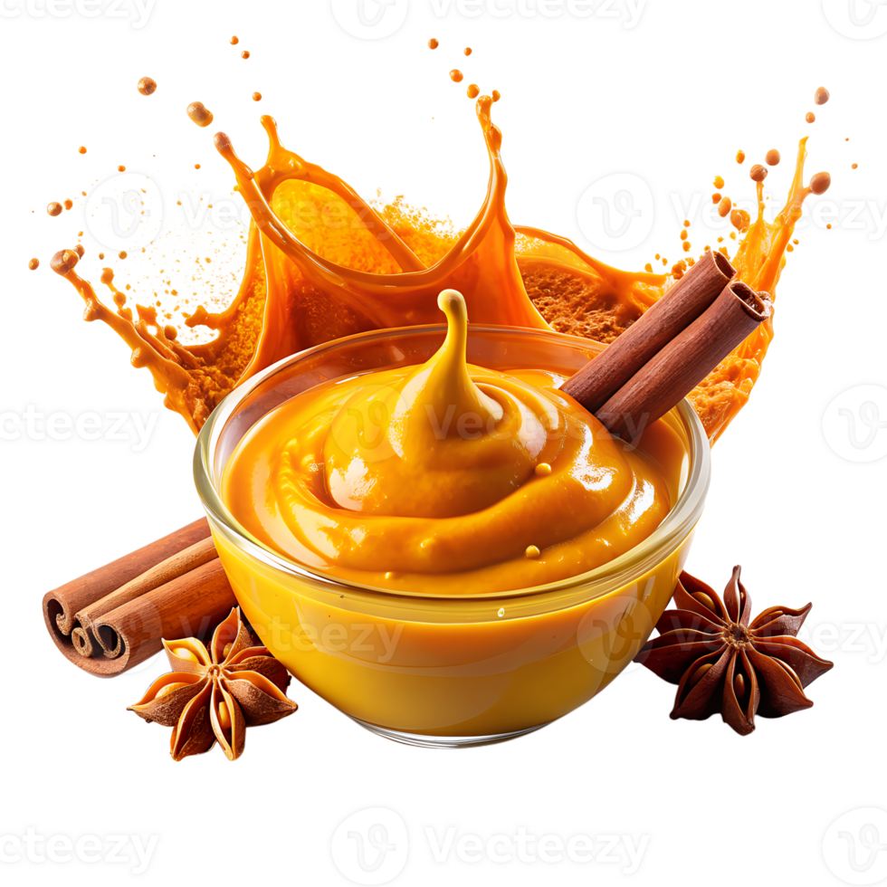 Delicious creamy pumpkin spice puree in a glass bowl, garnished with cinnamon sticks and star anise, on a white background. png
