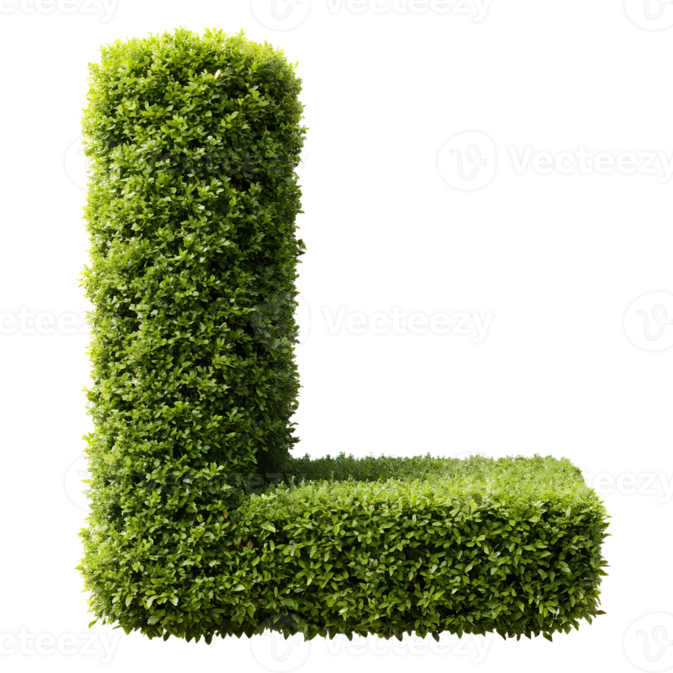 3D green hedged letter L isolated on white, representing eco-friendly and nature-inspired alphabet typography. png
