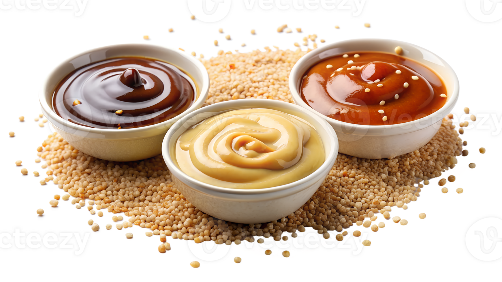 Assorted sauces in white bowls on a bed of sesame seeds. Perfect for food, culinary, and recipe concepts. Vibrant and appetizing. png