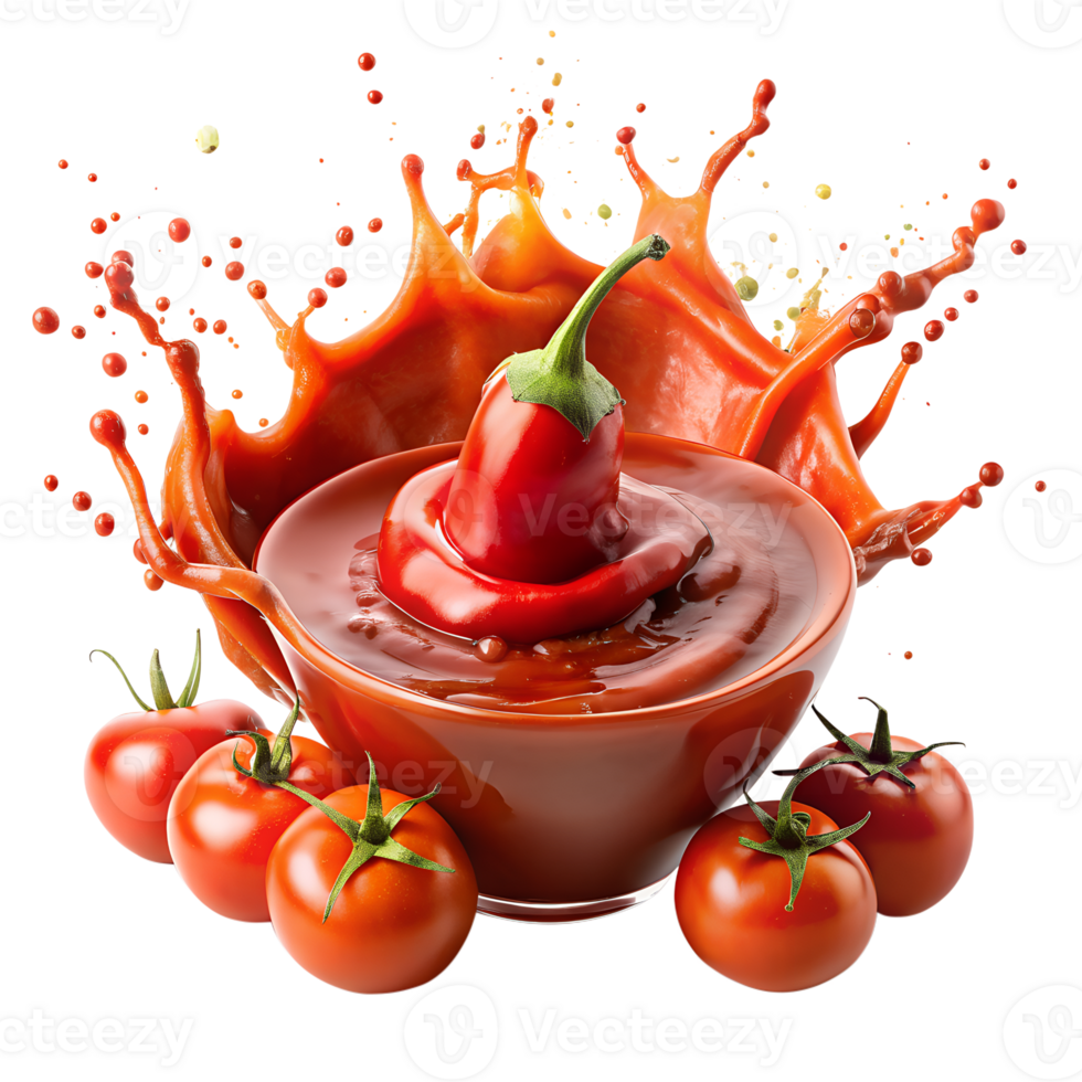 Close-up of a red chili pepper splashing into a bowl of spicy tomato sauce surrounded by fresh tomatoes. Vibrant and energetic food concept. png