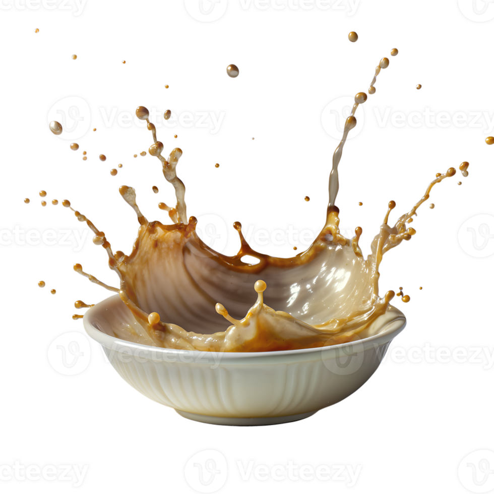 Dramatic splash of coffee in a white ceramic bowl isolated on white background, capturing motion and energy. png
